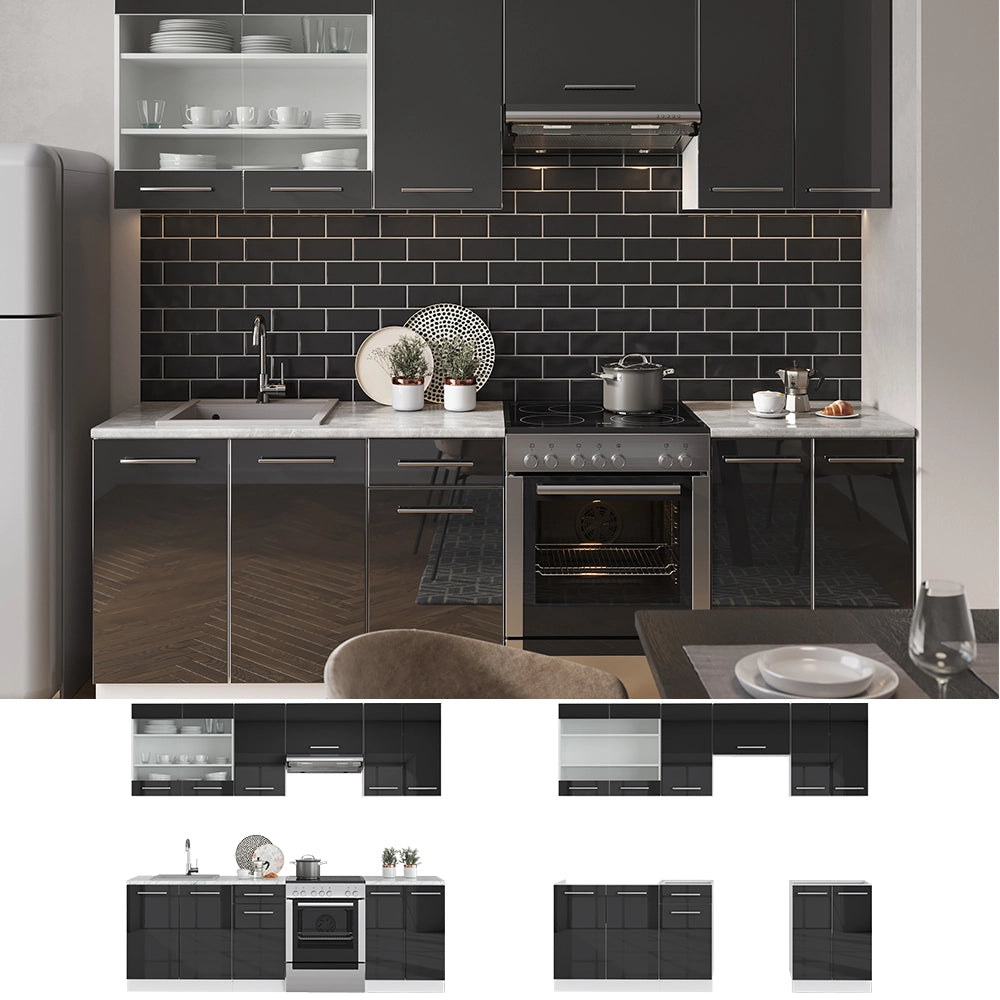Cucina componibile Fame-Line Antracite lucido/Bianco 240 cm senza piano di lavoro Vicco