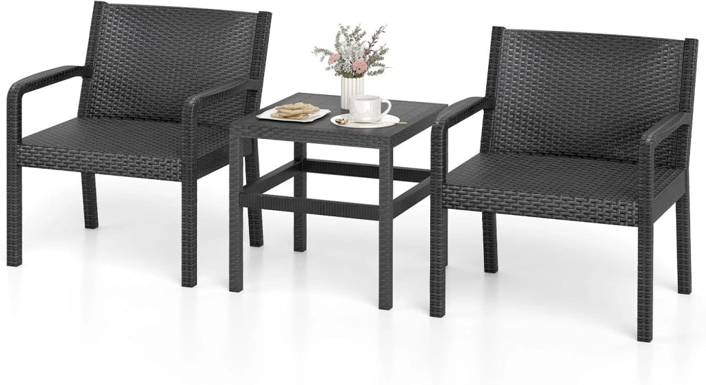Tavolino e 2 Sedie in Rattan PP da Balcone, Set Giardino con Tavolino Quadrato e 2 Poltrone, Salotto da Esterno per Bordo Piscina (Nero)