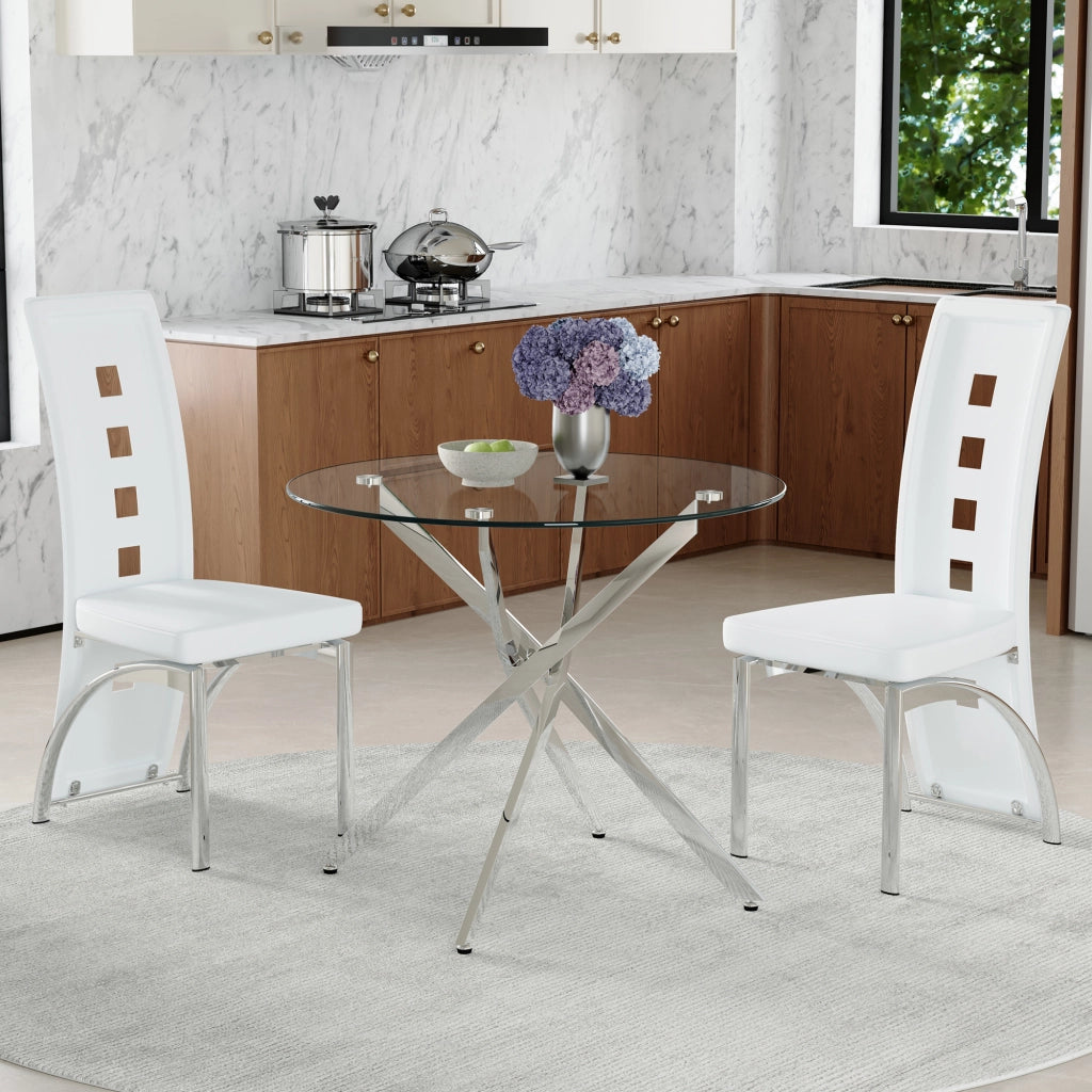 Set tavolo cucina e sedie con 1 tavolo rotondo e 2 sedie imbottite; vetro temperato e metallo; bianco e argento