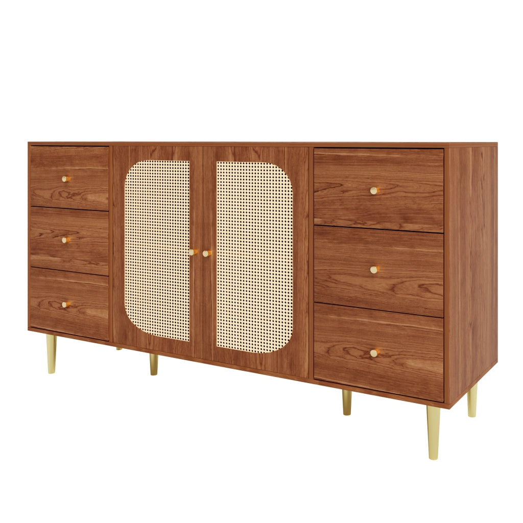 Credenza con cassetti e vani in MDF con ante in rattan effetto legno per cucina sala da pranzo 160 × 40 × 90 cm