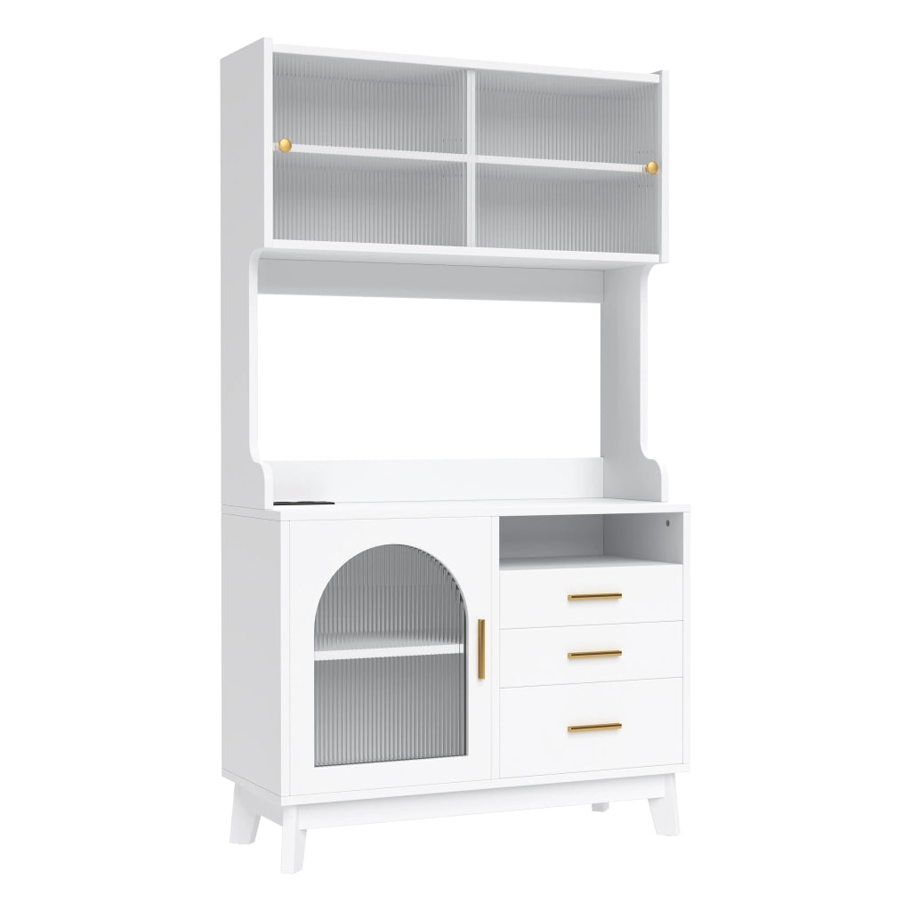 Credenza alta da sala da pranzo 100,5×40×178 cm con ampio spazio contenitivo, prese integrate e porte USB, bianco