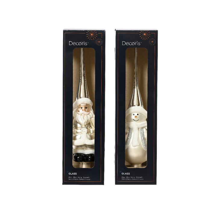 PUNTALE IN VETRO BABBO NATALE E PUPAZZO DI NEVE BIANCO ARGENTO ASS PREZZO CAD