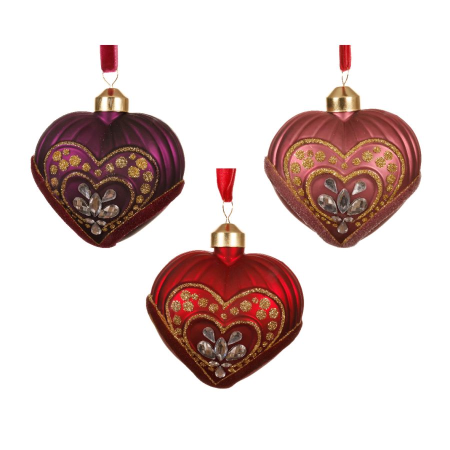 CUORE NATALIZIO VETRO FLOCCATO CON GLITTER 9CM COLORI ASS PREZZO CAD INDICARE