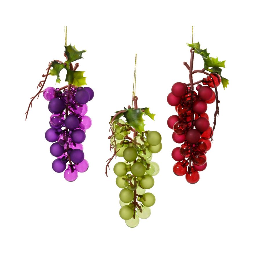 DECORAZIONE IN VETRO A GRAPPOLO D'UVA 10 CM CON FOGLIE 3 ASSORTITI PREZZO CADUNO