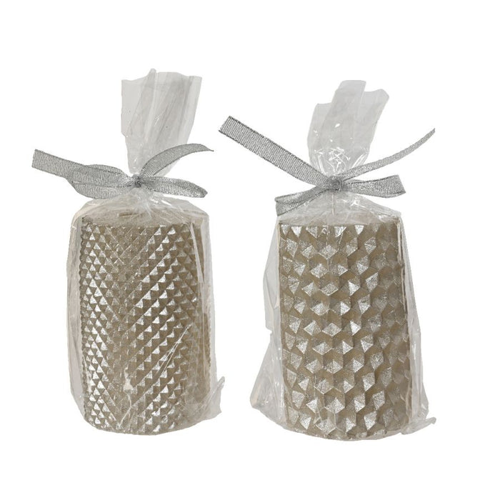 CANDELA CHAMPAGNE PILLAR METALLIZZATA E GLITTERATA 10 CM ASSORT PREZZO CADUNO