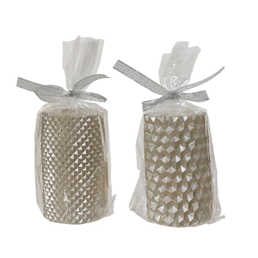 CANDELA CHAMPAGNE PILLAR METALLIZZATA E GLITTERATA 10 CM ASSORT PREZZO CADUNO
