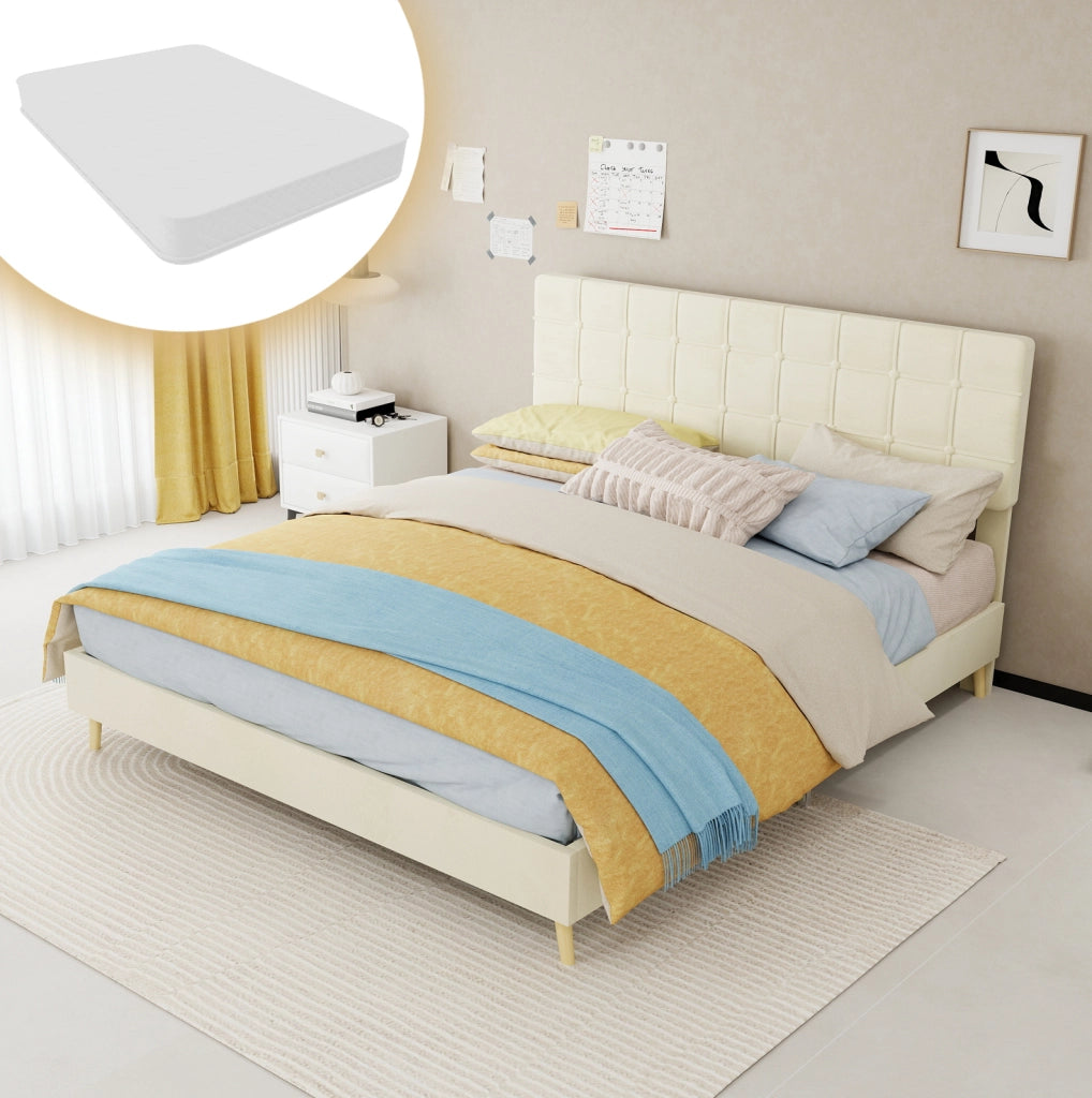 Letto matrimoniale 160x200 cm beige con testiera imbottita