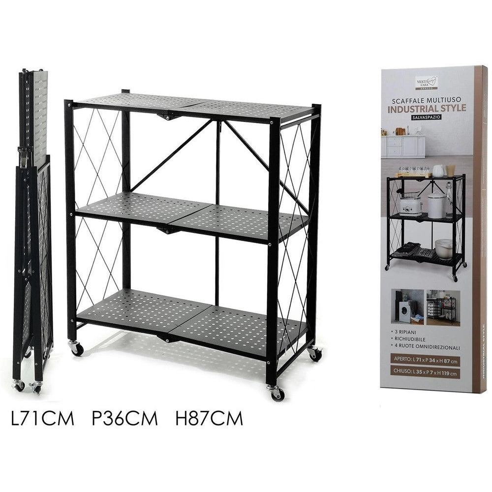 Trade Shop - Scaffale Multiuso Libreria Pieghevole Con 3 Ripiani Ruote In Acciaio Verniciato Nero -