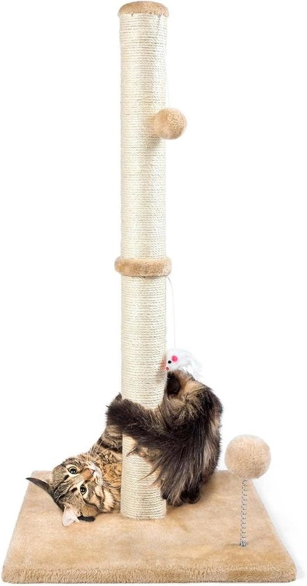 Post di Gatto Multifunzionale con Giocattolo in Piuma - Poste in Sisal Premium per Gatti Indoor di Tutto l'Età - Base Stabile Reinnforzata - Taupe 40 x 70 cm