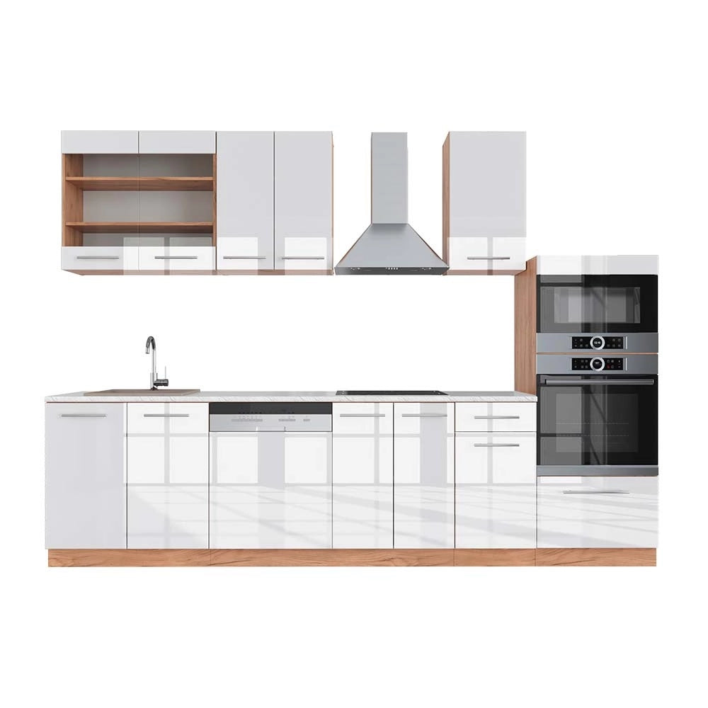 Cucina componibile Fame-Line Bianco lucido/Rovere dorato 300 cm con armadio alto, PL Marmo Vicco