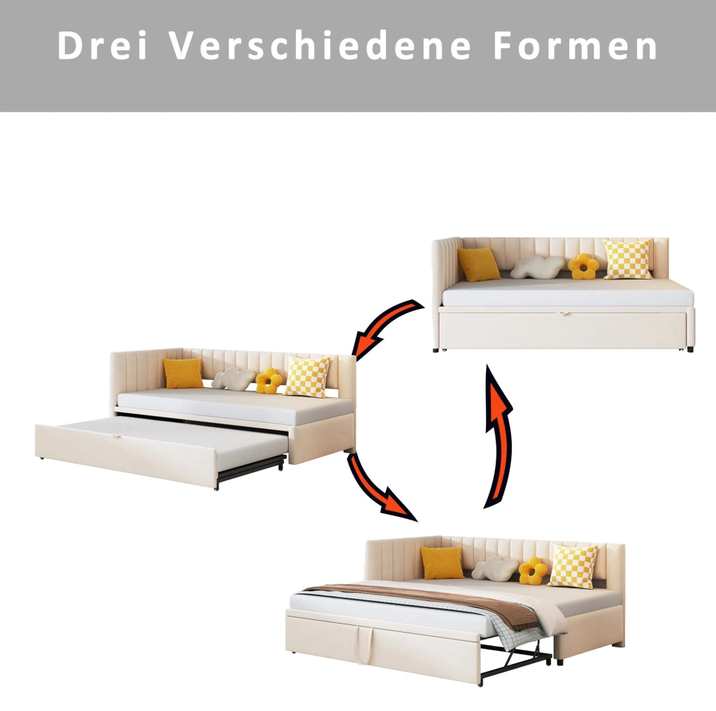 Divano letto a L estraibile 90x200 cm in velluto beige