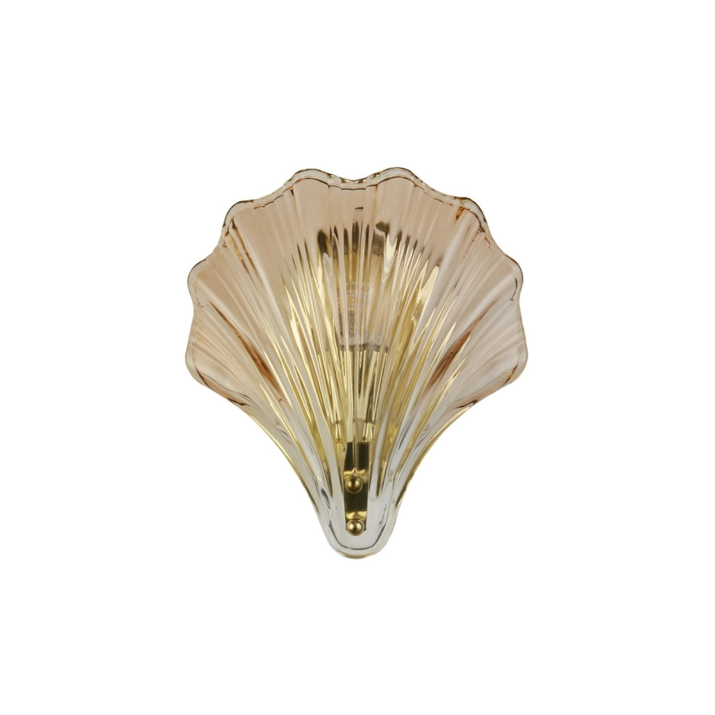 Applique Shell 1Lt, metallo ottone satinato e vetro ambrato IP44