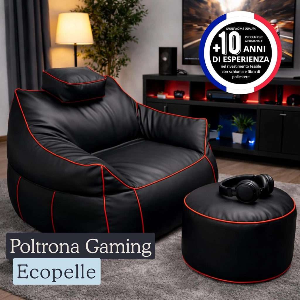 Set Pouf Poltrona Gaming XXL + Pouf rotondo - Comfort per relax e gaming - Poggiatesta regolabile, 2 tasche - Per divano, soggiorno e postazione gaming (110×100×90 cm, Rosso)