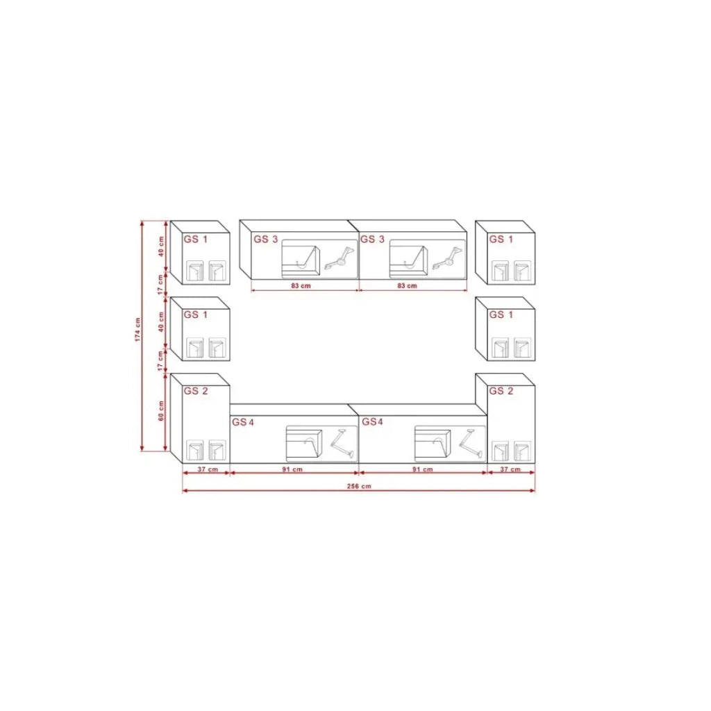 Set di mobili da soggiorno nero e bianco sospesi collezione CEPTO XIV. 256cm, 10 mobili, 10 porte, led.