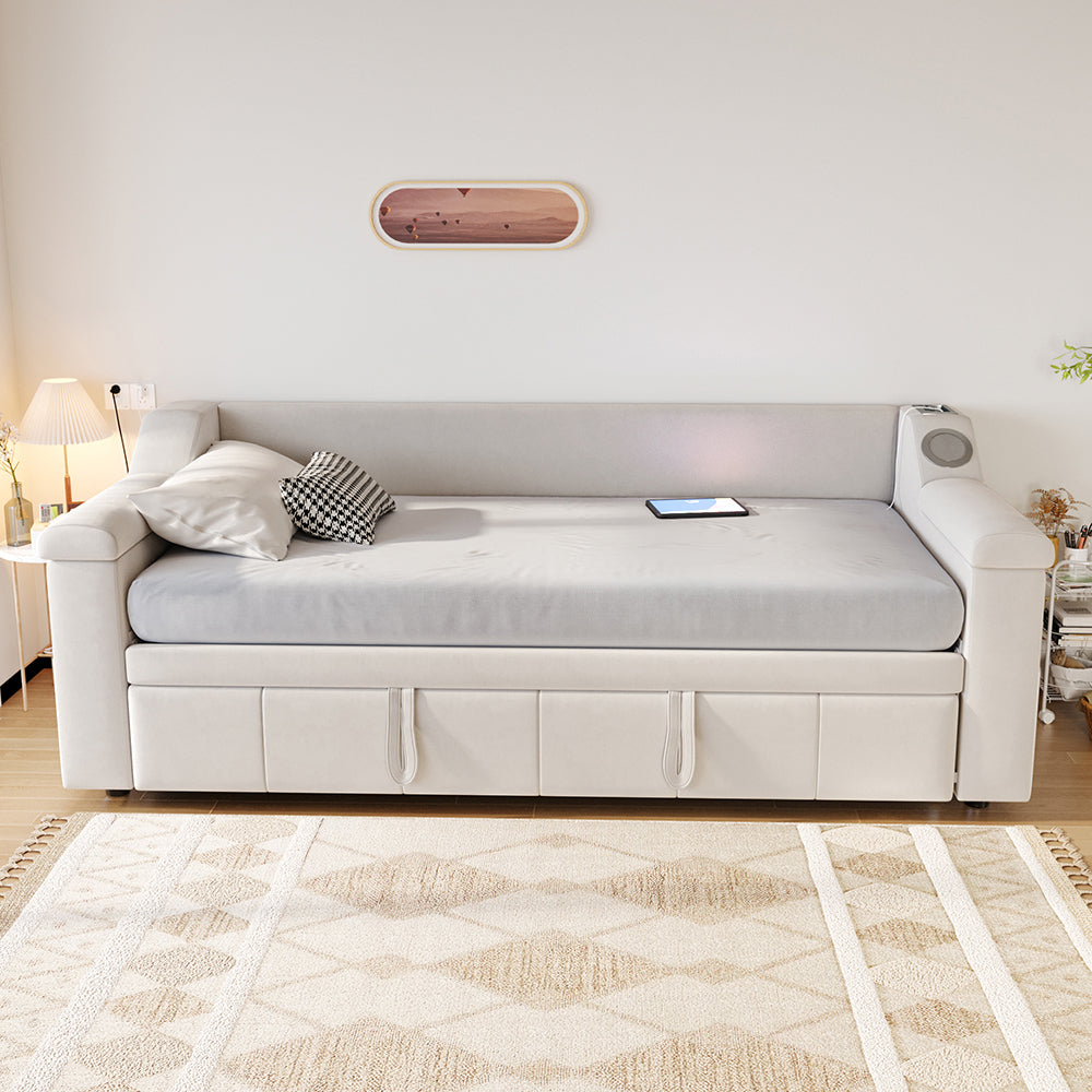 Divano letto-Xylo-90x190 cm-Bluetooth, USB, velluto beige