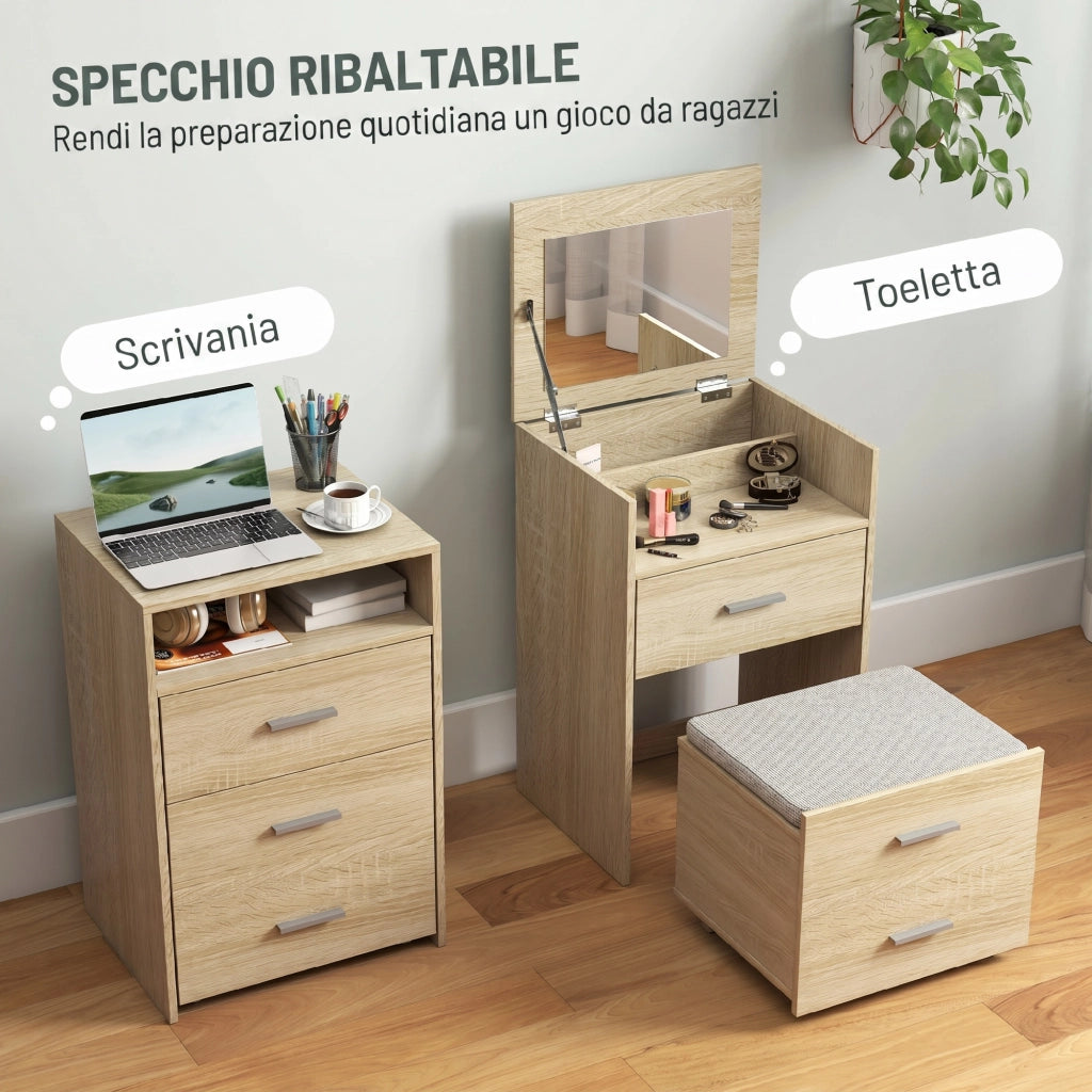 Tavolo da Trucco con Specchio a Ribalta, Cassetti e Sgabello, in Legno e Tessuto Effetto Lino, color Legno