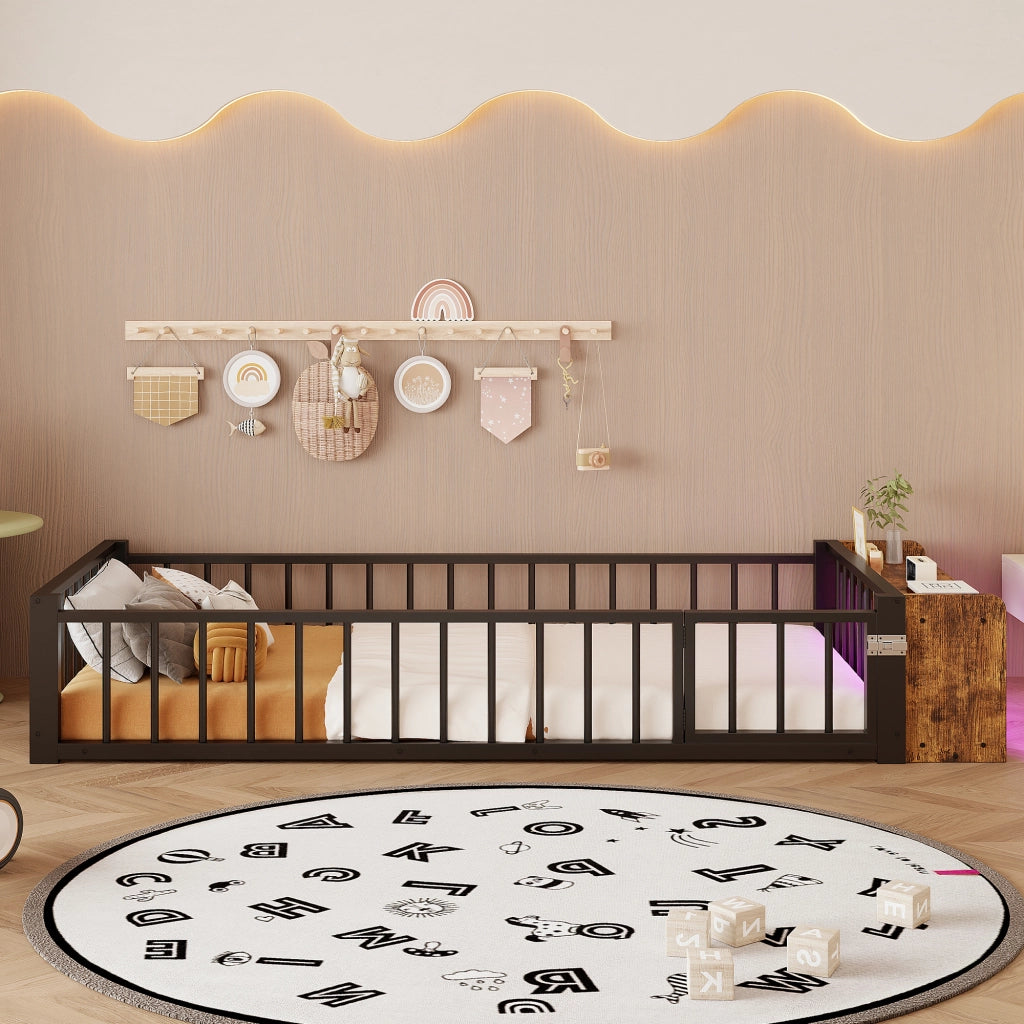 Letto in metallo con cassetti LED 90x200 MDF nero e metallo