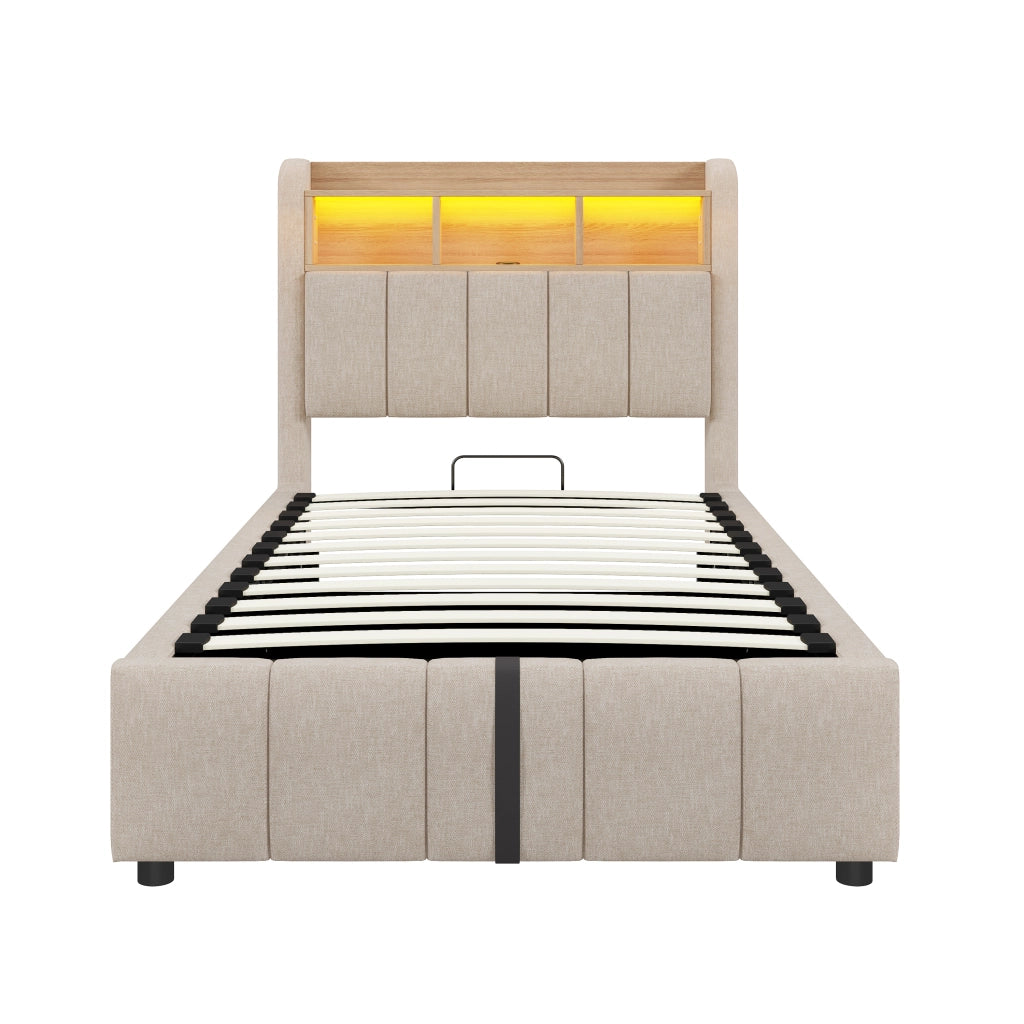 DESMIU Letto singolo 90 × 200 cm con LED, USB, Type-C, vano idraulico, senza materasso, beige