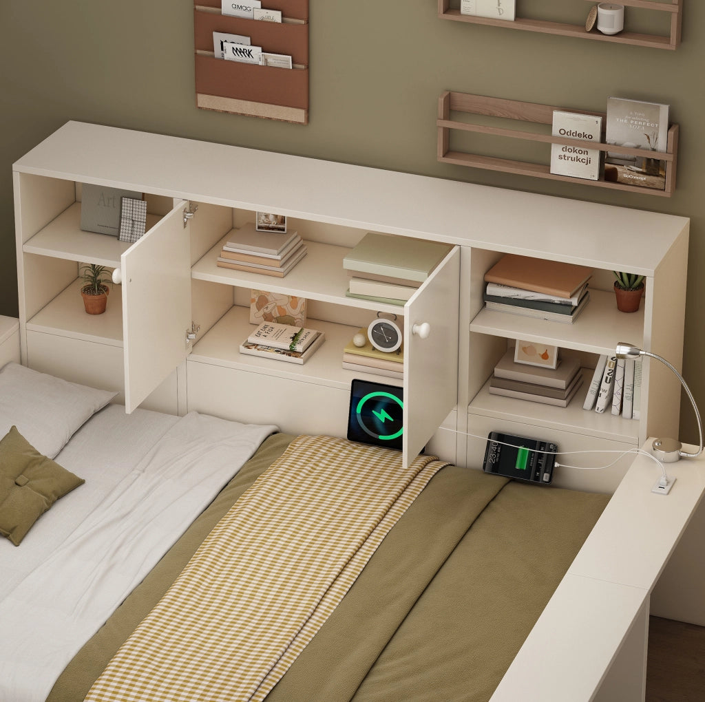 Letto a scomparsa con letto estraibile 90x200 cm; contenitore e porte USB; bianco