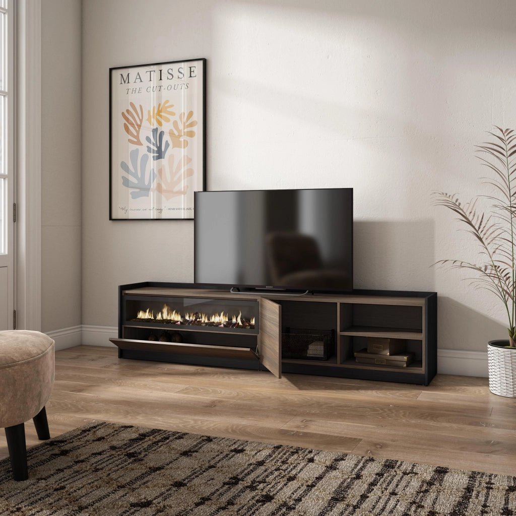 Mobile TV Soggiorno, 207x50x37 cm, Per TV fino a 80", Camino elettrico, Rovere scuro e Nero