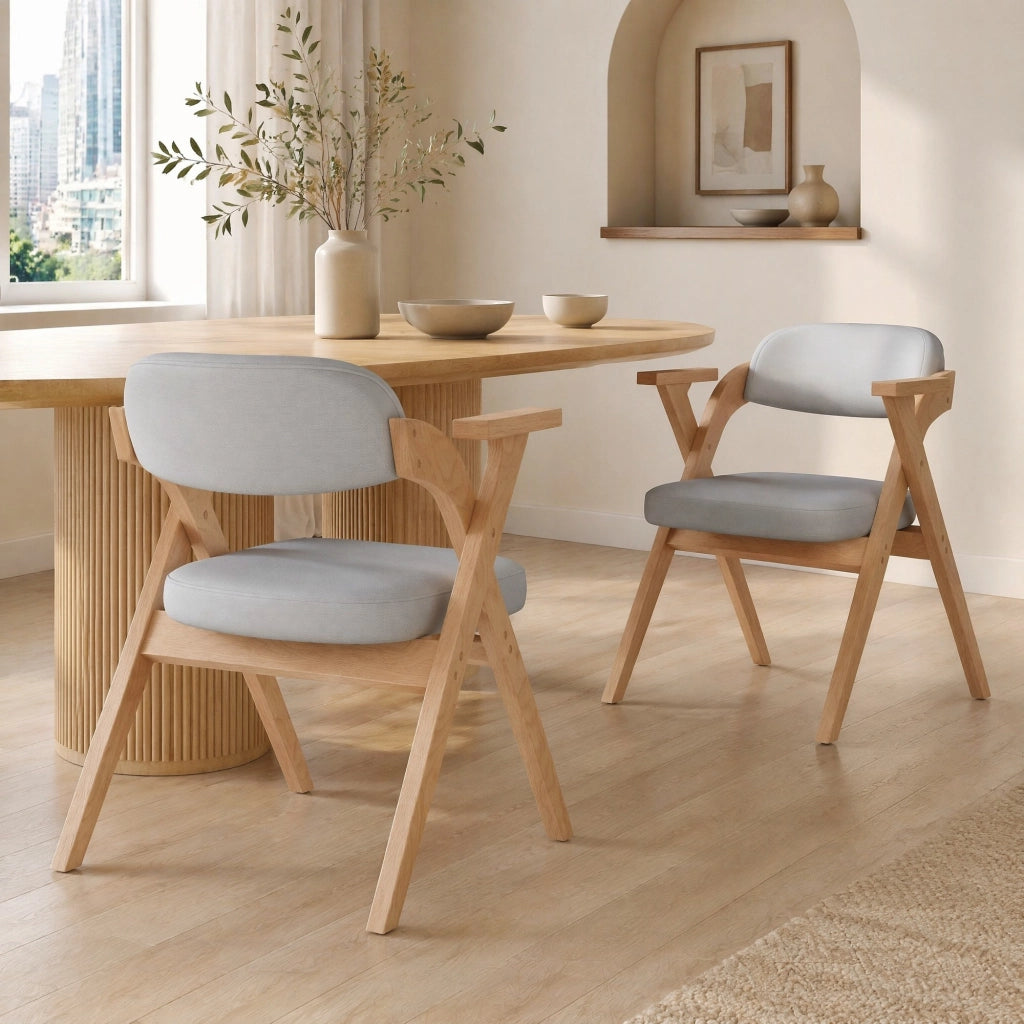 2 sedie da pranzo pieghevoli in legno massello, tessuto effetto lino grigio, con braccioli, salvaspazio
