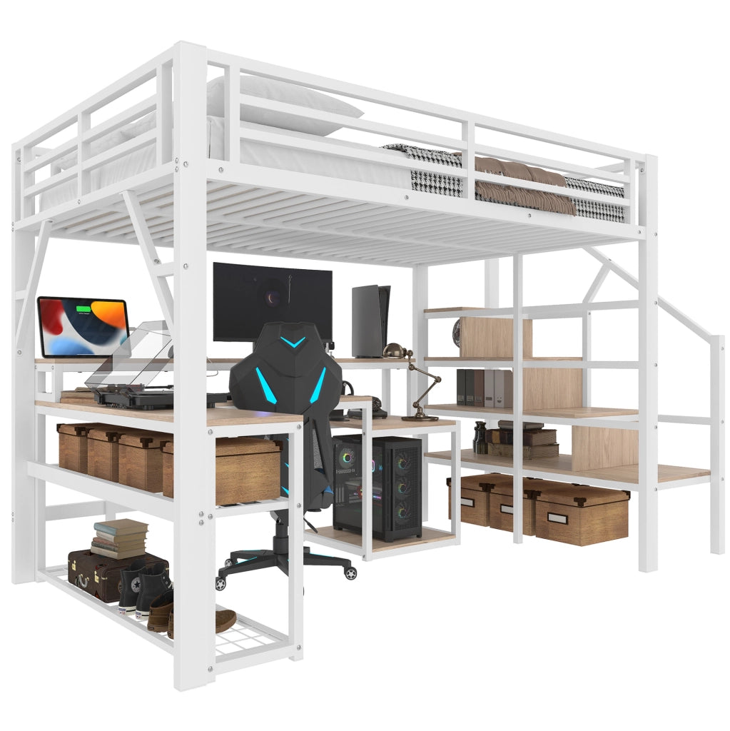 Letto a soppalco 140x200 cm con scrivania; LED e USB in metallo e MDF bianco HOMVRA