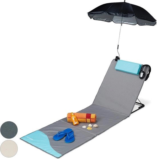 Beach Chair con Ombrellone - Regolabile - Portatile - Grigio - Tenda da Spiaggia - Sedersi Comodamente con Cuscino & Borsa Tenda da Spiaggia con Schienale