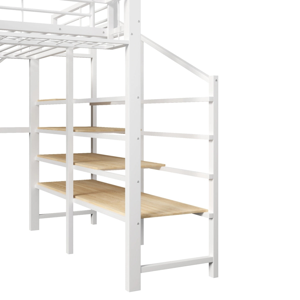 Hochbett 251.5x163x170 cm con illuminazione LED; scaffale a gradini e cestello; MDF e metallo; bianco