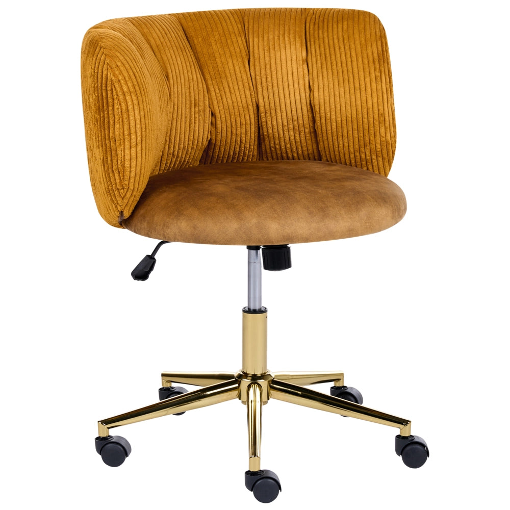 Sedia da scrivania per l'ufficio domestico in velluto a coste color senape con base girevole in ferro, schienale reclinabile, regolazione in altezza, stile retrò