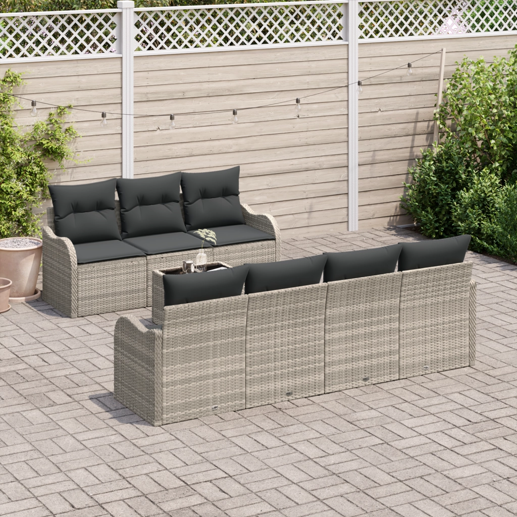 Set divano da giardino 8 pezzi con cuscini grigio chiaro in polyrattan