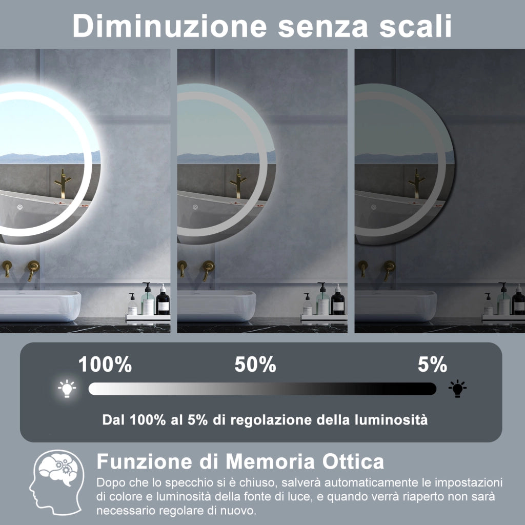 Specchio da bagno Rotondo con 60cm,Memoria, Antifog,Regorabile,Retroilluminato,doppio interruttore,