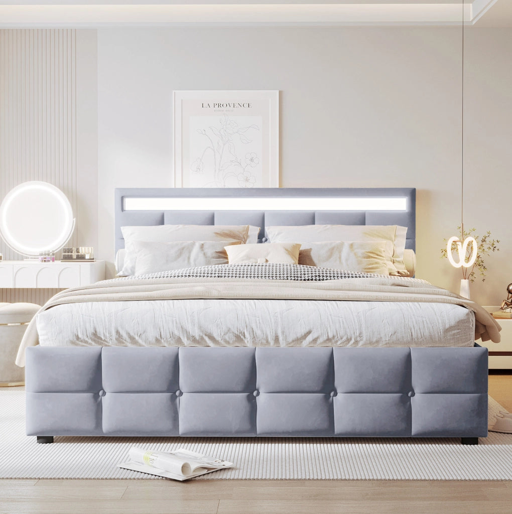 LETTO Imbottito 180x200 cm con LED, Sollevamento Idraulico, Velluto Grigio