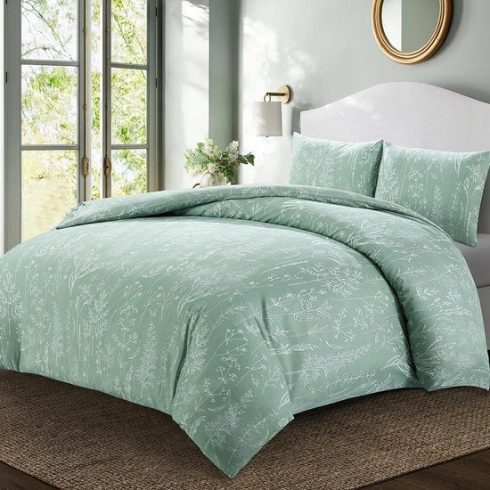 Duvetino 240 x 220 cm, 100% microvezel, stiletti e foglie dipinti a mano, morbido e senza crepe, 1 duvetino + 2 cuscini 65 x 65 cm, salmone verde
