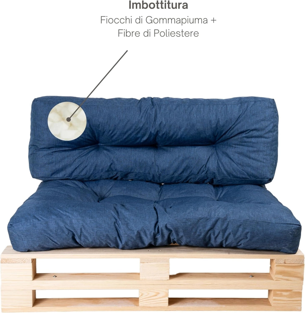 Cuscini per Pallet - Tessuto Idrorepellente e Anti-UV - Molto Confortevole, Imbottito in Schiuma - Cuscini per Divano Esterno Giardino (Seduta 120x80 cm + Schienale 120x40 cm, Blu)