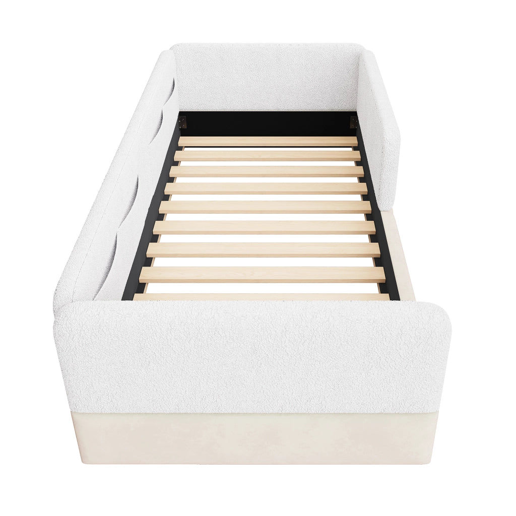 Letto singolo 90 × 200 cm con barriera di sicurezza, tasche portaoggetti, senza materasso, in MDF, bianco