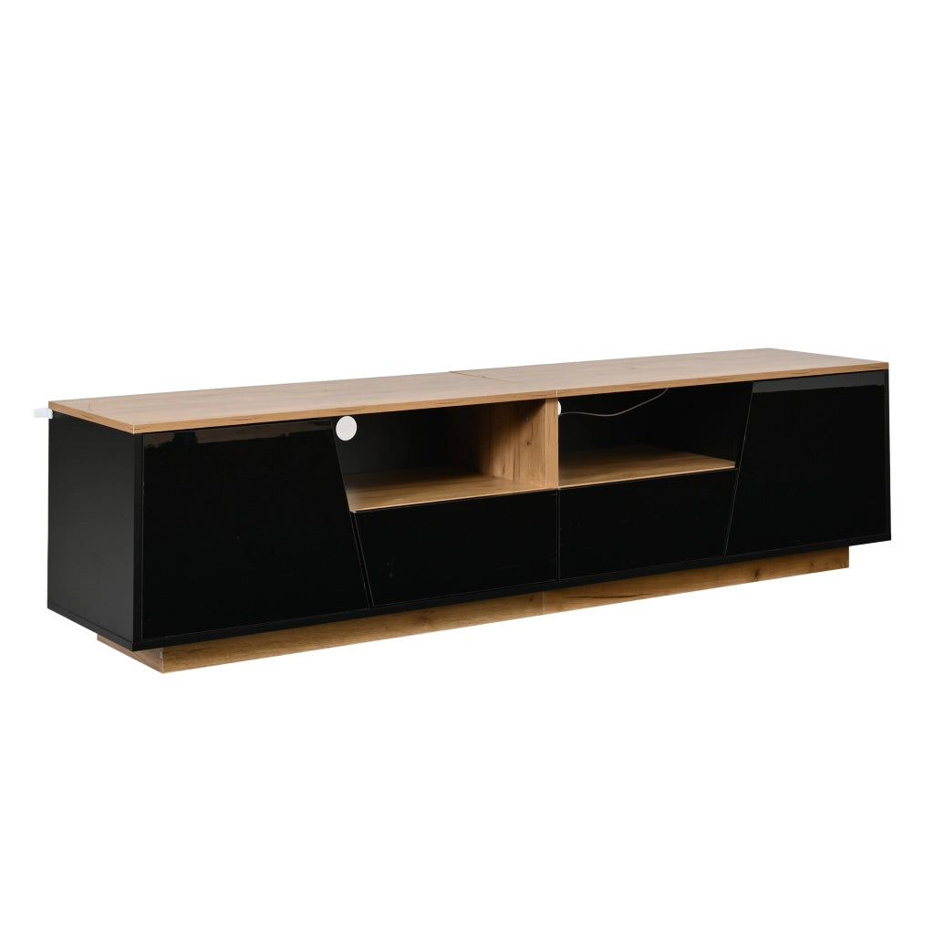 Mobile TV 180 x 40 x 46 cm con 2 ante, 2 cassetti, 2 vani aperti, LED e finitura lucida frontale, nero e legno naturale
