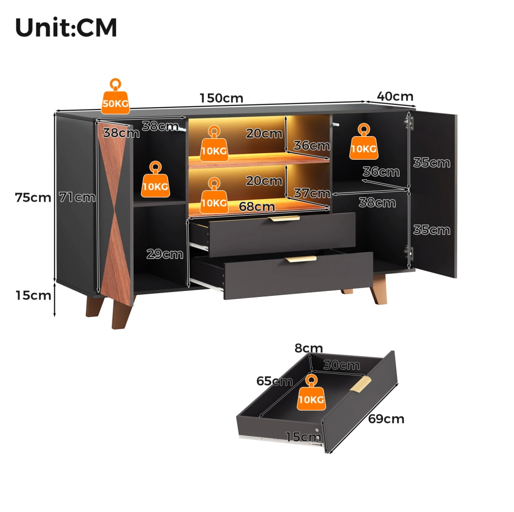 Mobile cucina con LED RGB; ante e cassetti; 150 x 40 x 90 cm; MDF natural e nero