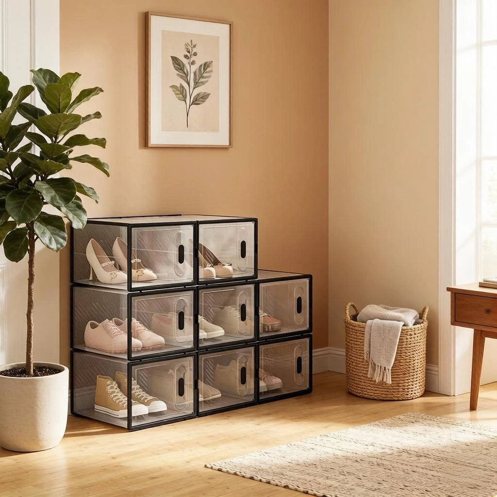 Mobile contenitore impilabile con 8 scatole trasparenti per scarpe e oggetti in plastica nero per bagno e camera da letto