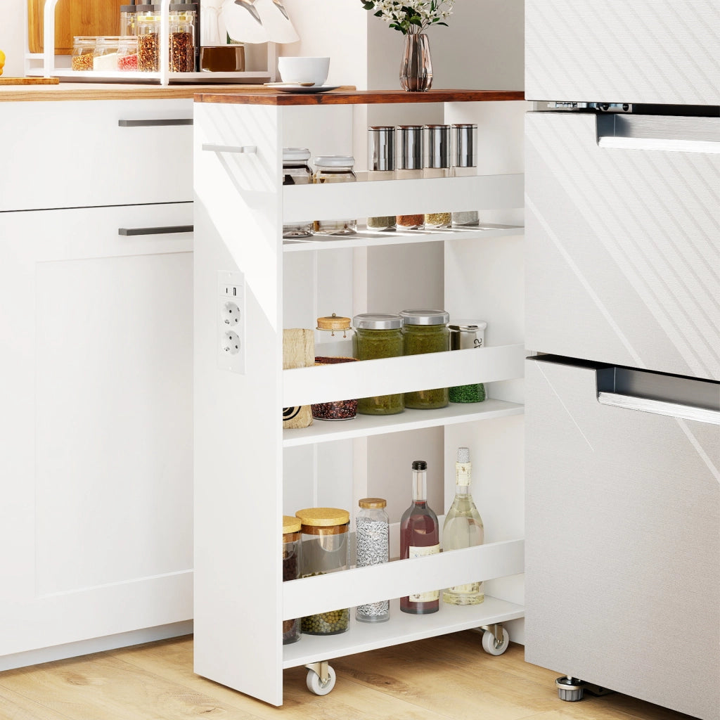 Carrello da cucina 4 ripiani con stazione di ricarica maniglia e parapetti-Scaffale stretto a sfilo con ruote bloccabili per cucina 20cm Bianco