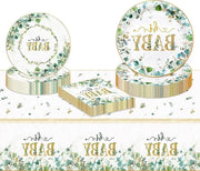 Decorazioni per Festa di Benvenuto del Bambino - Eucalipto Verde - Tavola per Feste di Benvenuto del Bambino con Piatti, tovaglioli, tovaglie e servizi per 2 colori - Rivelazione del Sesso