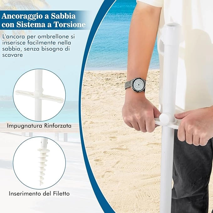 Ombrellone da Spiaggia 200 x 220 cm, Ombrellone da Mare con Inclinazione Regolabile, con Vassoio, 8 Stecche, Protezione UV, Impermeabile, Borsa di Trasporto (Verde)