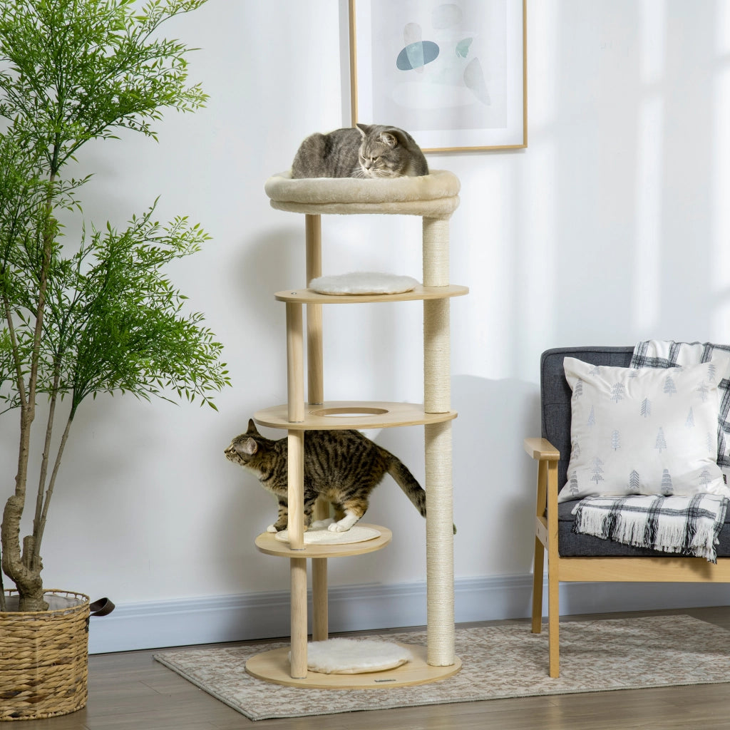 Tiragraffi per gatti con pali sisal cuscino piattaforma peluche legno 123,5 cm beige ¨C Xylo