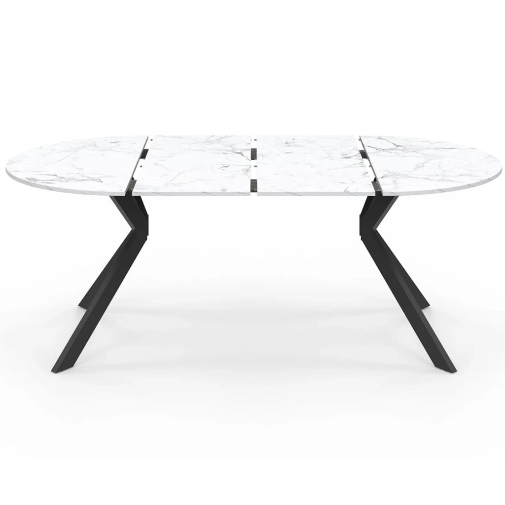 IDMarket - ALIX tavolo da pranzo rotondo allungabile 4-10 persone gamba a ragno nera piano effetto marmo bianco ALASKA 110 - 200 cm