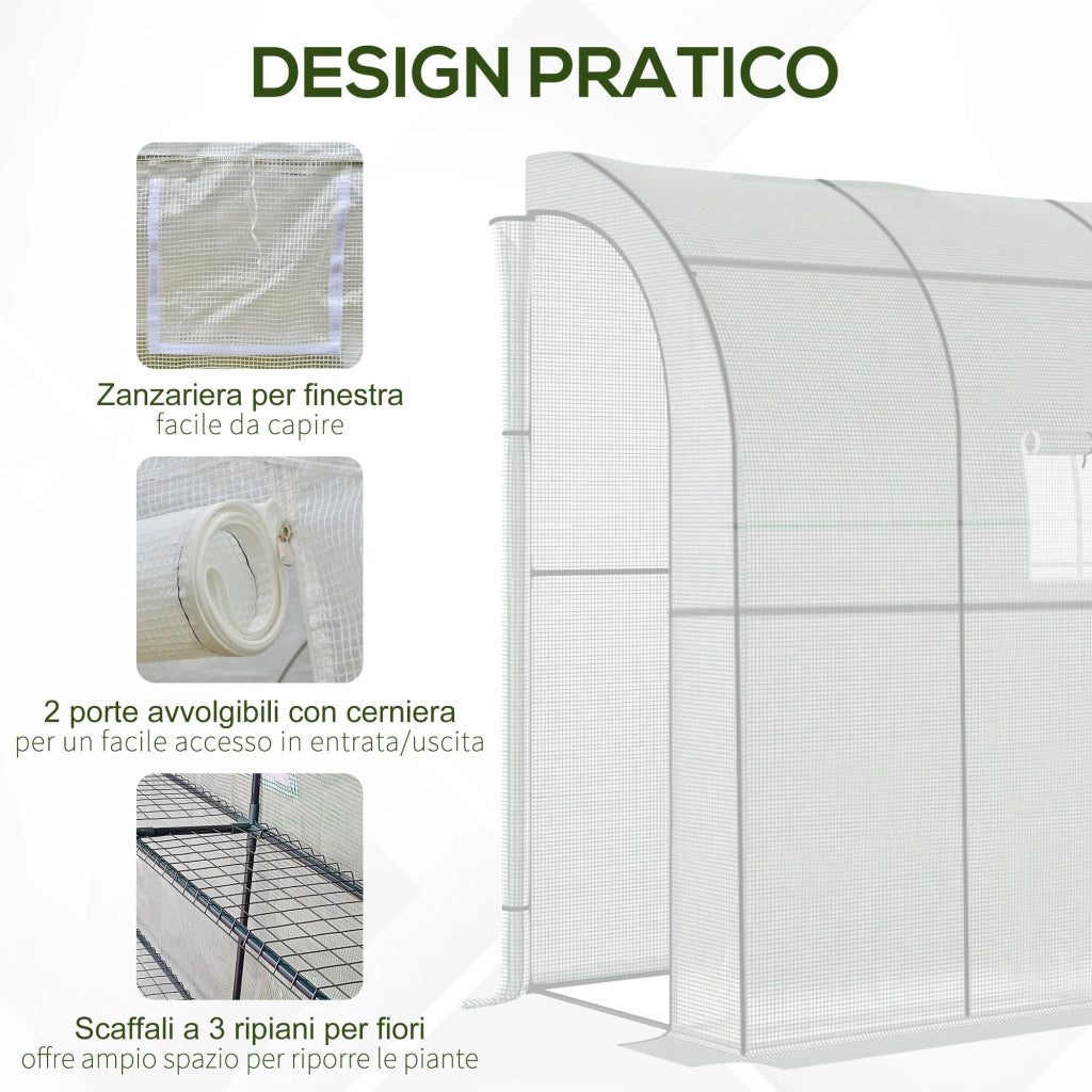 Serra Addossata a 3 Livelli con Porte e Finestre Avvolgibili, in PE e Acciaio, 200x100x215 cm, Verde e Bianco