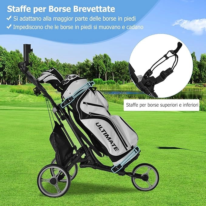 Carrello da Golf Pieghevole con 3 Ruote, Struttura in Alluminio, Cinghia Elastica, Portaombrello Regolabile e Porta Bicchiere, Segnapunti e Freno a Pedale