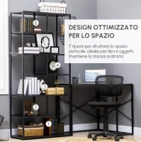 Mobile Libreria a 7 Livelli in Truciolato e Acciaio per Soggiorno, Camera da Letto e Ufficio, 83x34x180 cm, Nero