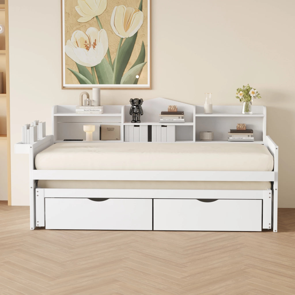 OKWISH Letto a Divano 90×200 cm, Letto Singolo con Letto estraibile 90×190 cm, 2 Cassetti, Vano contenitore e USB, senza Materasso, Bianco