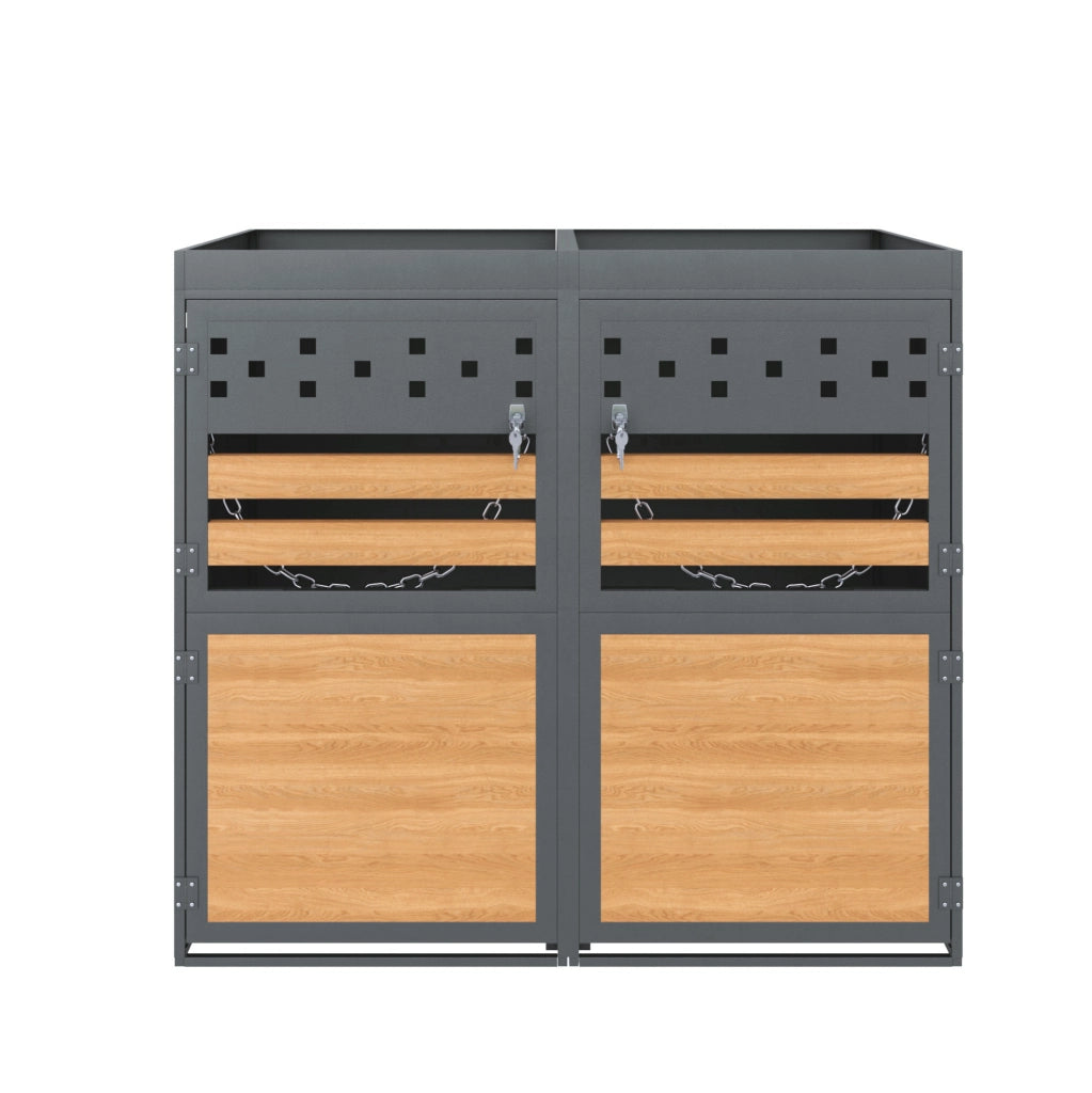 Box per bidoni rifiuti per 2 bidoni da 120-240 litri con tetto fioriera in metallo grigio naturale