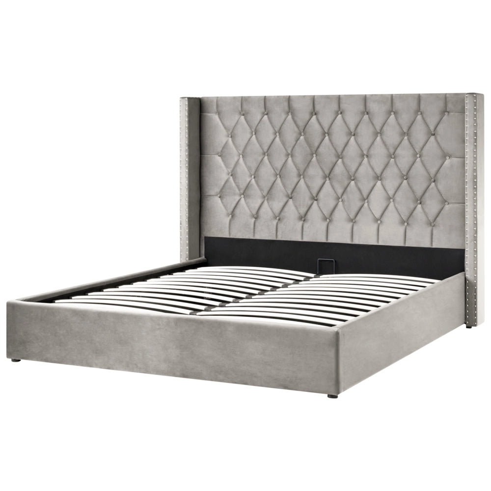 Letto contenitore velluto grigio chiaro e argento 180 x 200 cm glamour elegante