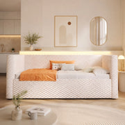 Divano letto 90x200 cm in velluto beige con LED e vano contenitore